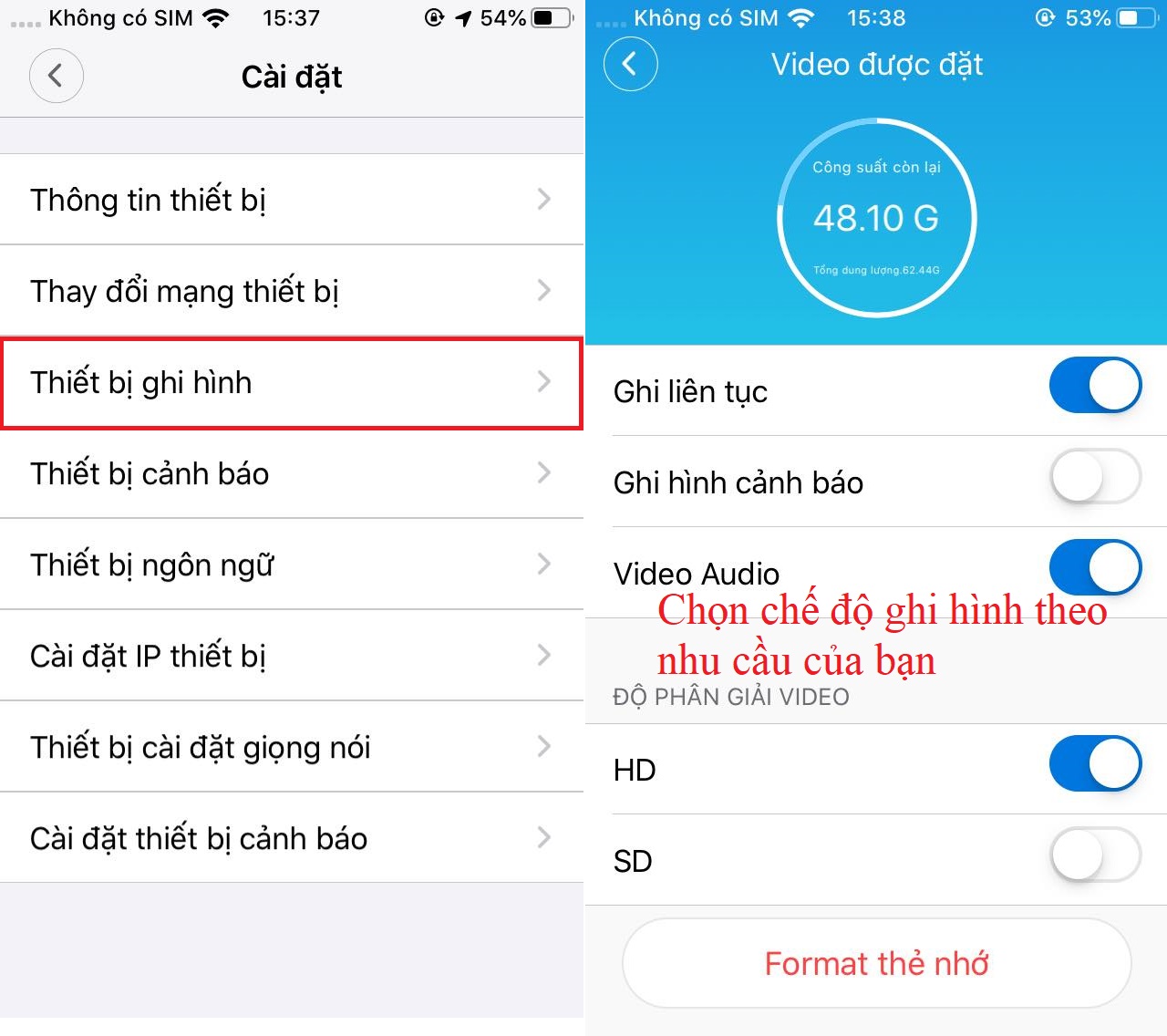 Cài đặt chế độ ghi hình phù hợp