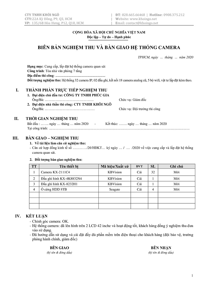 Biên bản Nghiệm thu và Bàn giao hệ thống camera quan sát