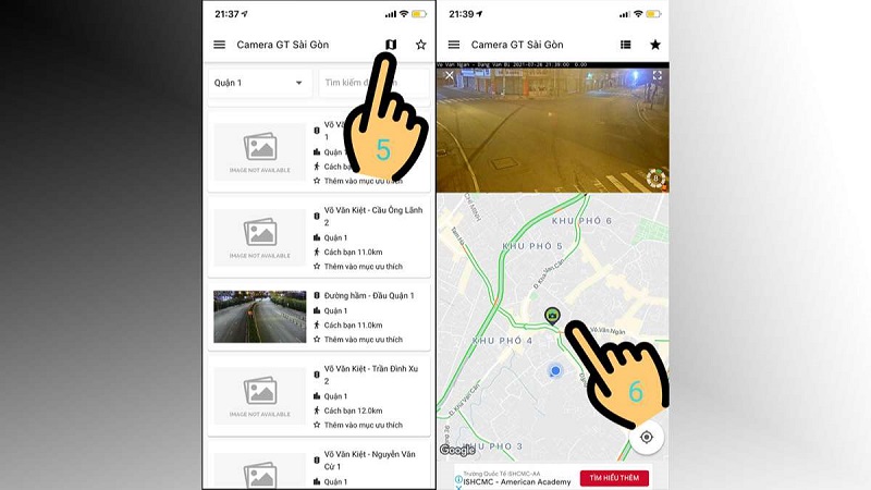 nhấn biểu tượng bản đồ để xem các camera giao thông trên bản đồ