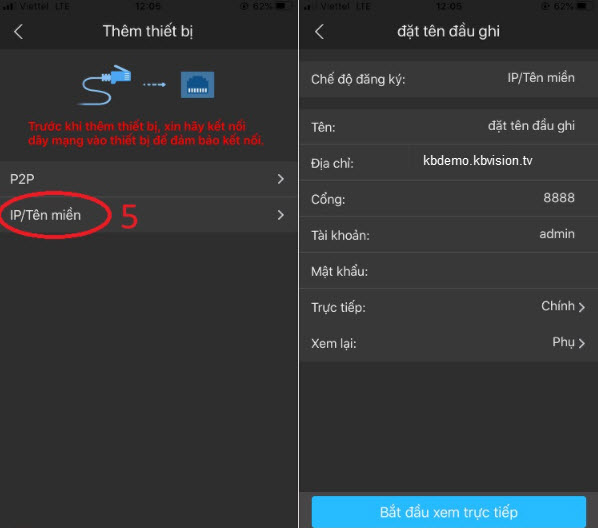nhập đầy đủ các thông tin để thêm camera vào app KBView