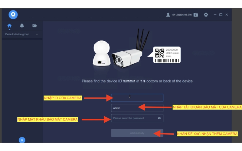thêm ID và mật khẩu camera vào tài khoản camera