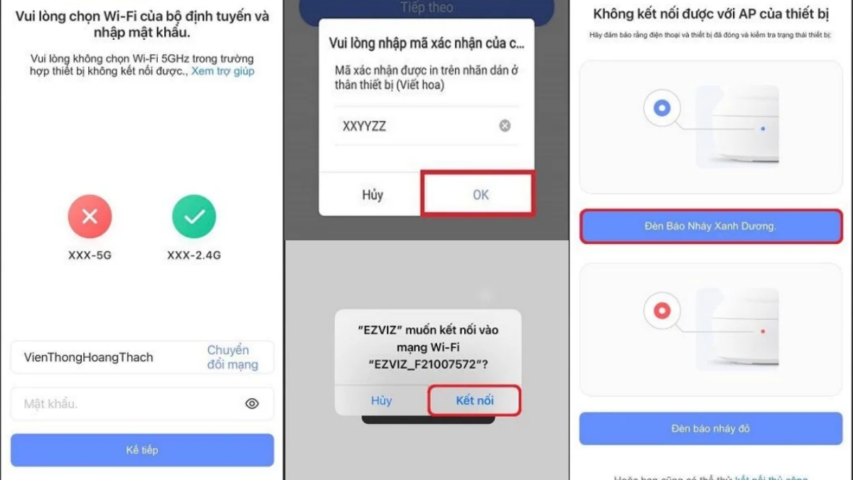 Chọn WiFi, nhập pass > Nhập mã xác nhận > Nhấn Đèn xanh dương