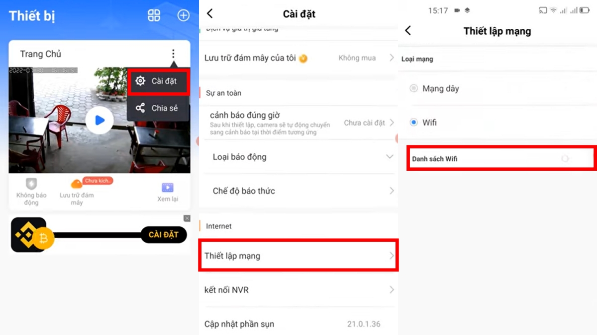 Vào Cài đặt > Chọn Thiết lập mạng > Nhấn Danh sách Wifi 