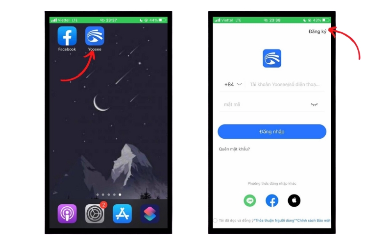 Mở app Yoosee và nhấn vào mục Đăng ký