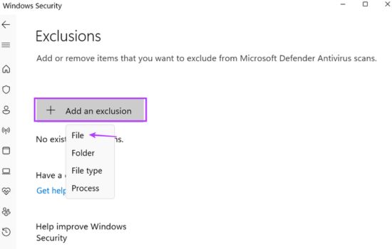 Nhấn Add an exclusion rồi chọn File