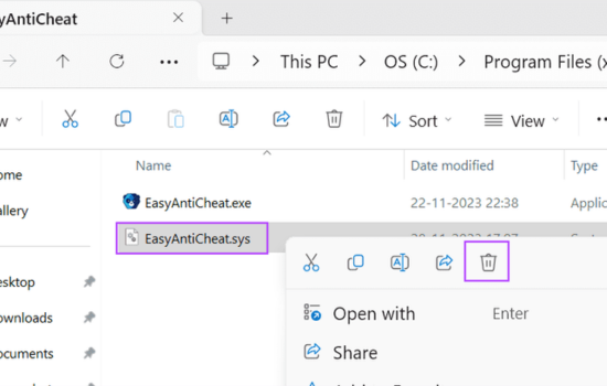 nhấn chuột phải vào file EasyAntiCheat.sys và chọn Delete