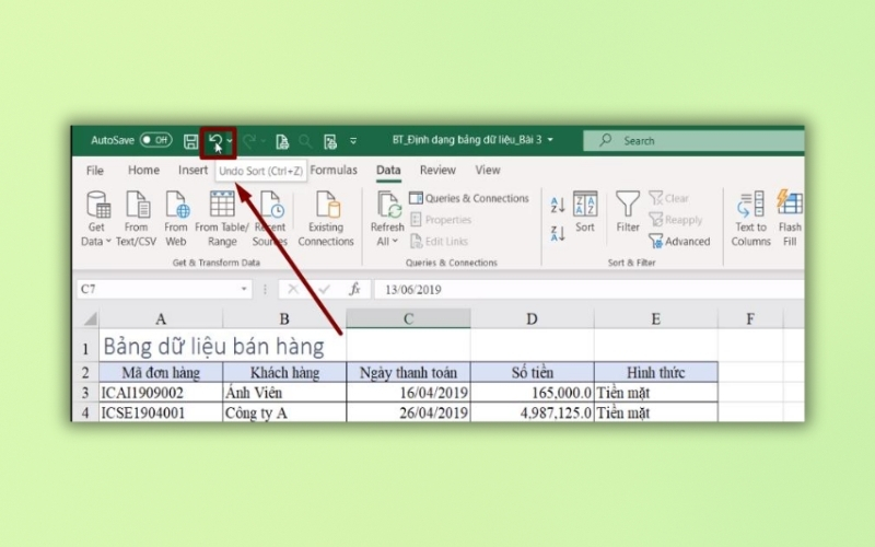 sử dụng tính năng Undo để hoàn tác thao tác SORT