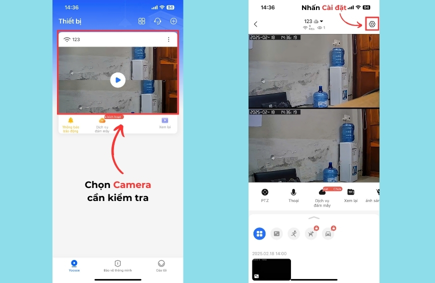 Chọn camera cần kiểm tra và vào mục Cài đặt trên ứng dụng Yoosee