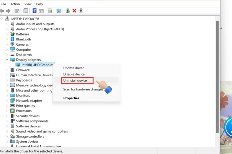 Chọn Uninstall device để gỡ driver cũ