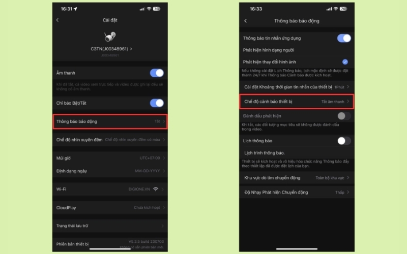 nhấn chọn mục Chế độ cảnh báo thiết bị