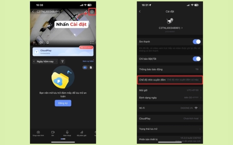 chọn mục Chế độ nhìn xuyên đêm