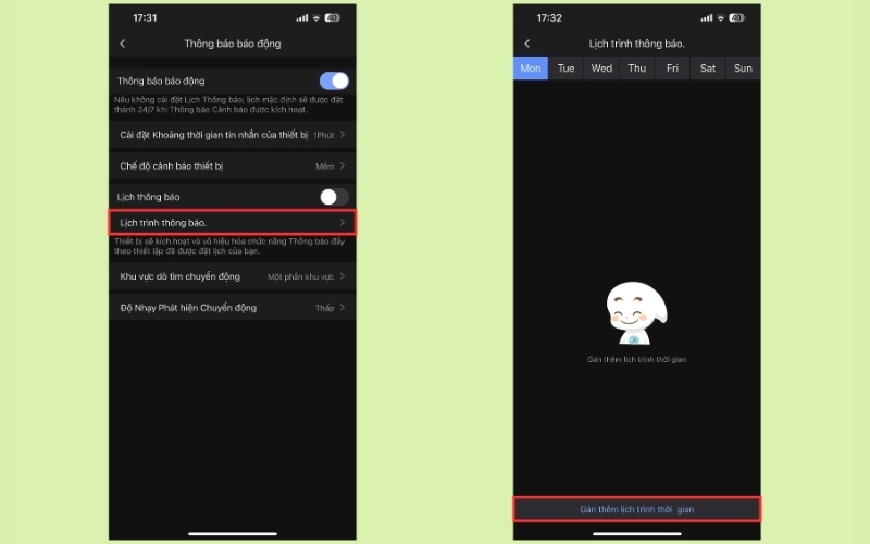Chọn mục Lịch trình thông báo