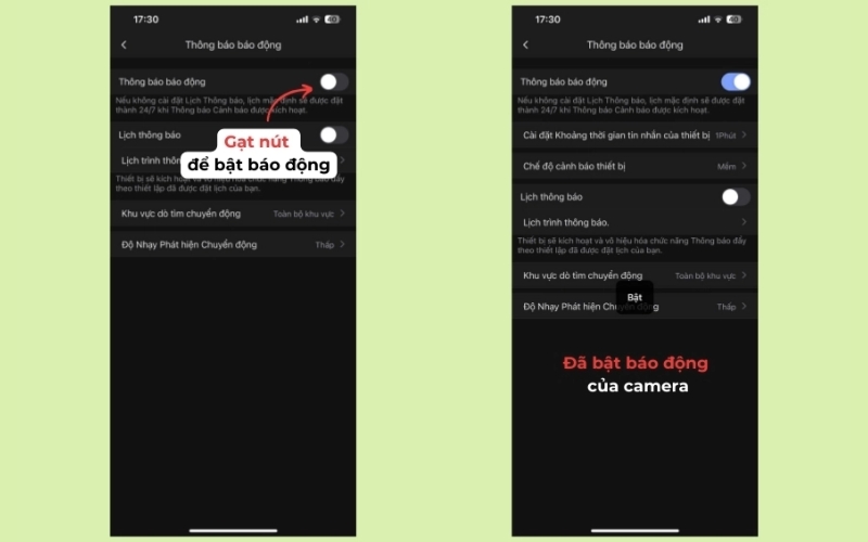 Chọn mục Thông báo báo động và gạt nút Bật