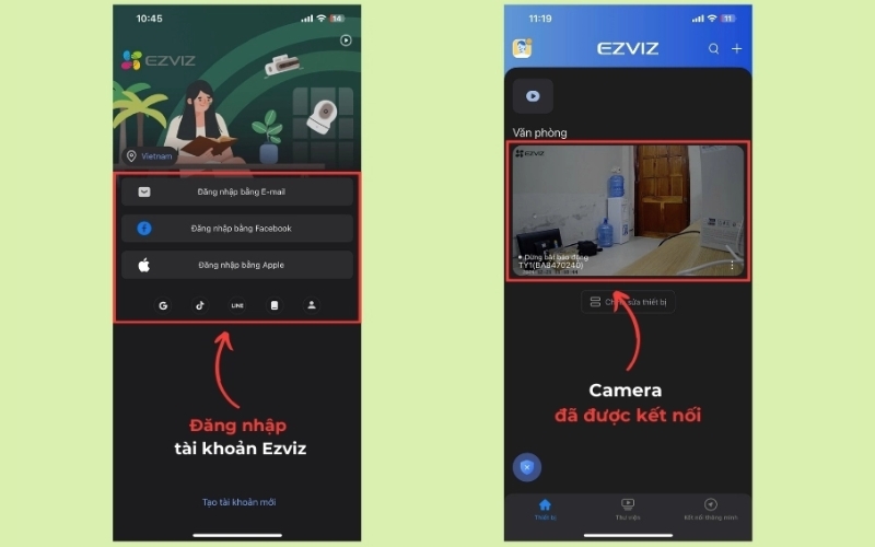 Đăng nhập tài khoản EZVIZ và chọn camera cần bật báo động