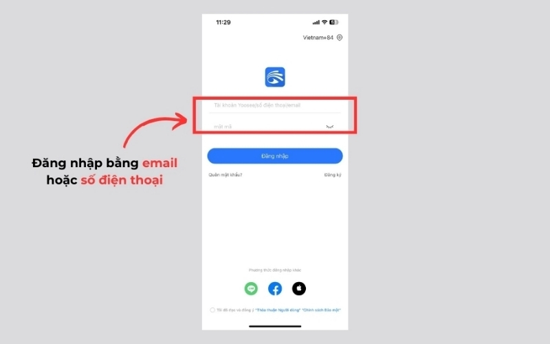 đăng nhập vào ứng dụng camera Yoosee