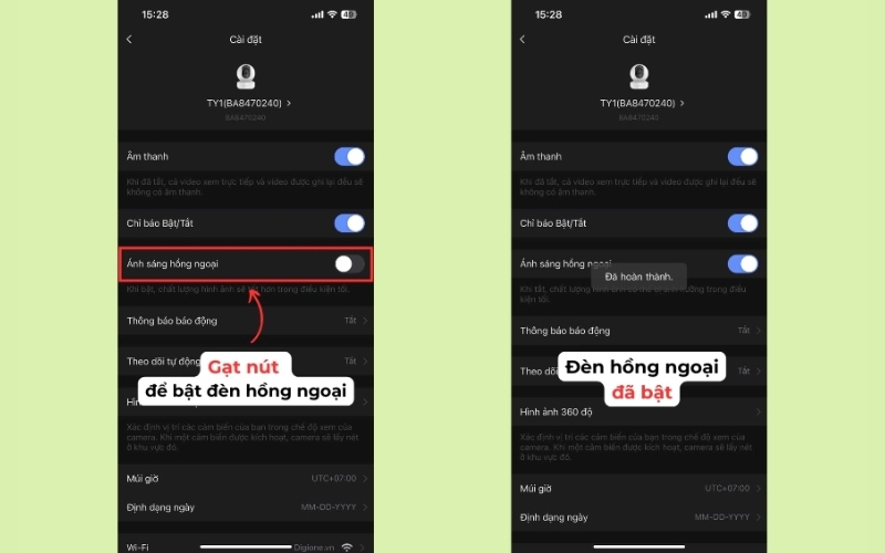 gạt nút để bật đèn hồng ngoại camera EZVIZ