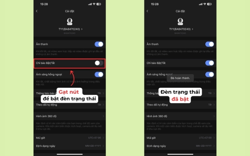 gạt nút để bật đèn trạng thái camera EZVIZ