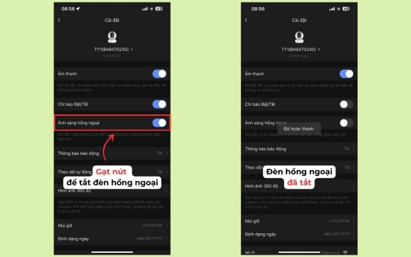 gạt nút để tắt đèn hồng ngoại trên camera EZVIZ