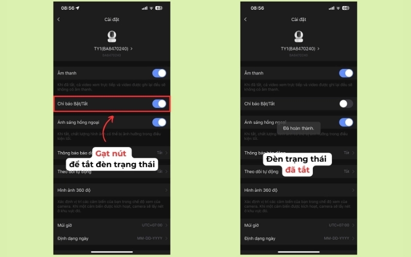 gạt nút để tắt đèn trạng thái camera EZVIZ