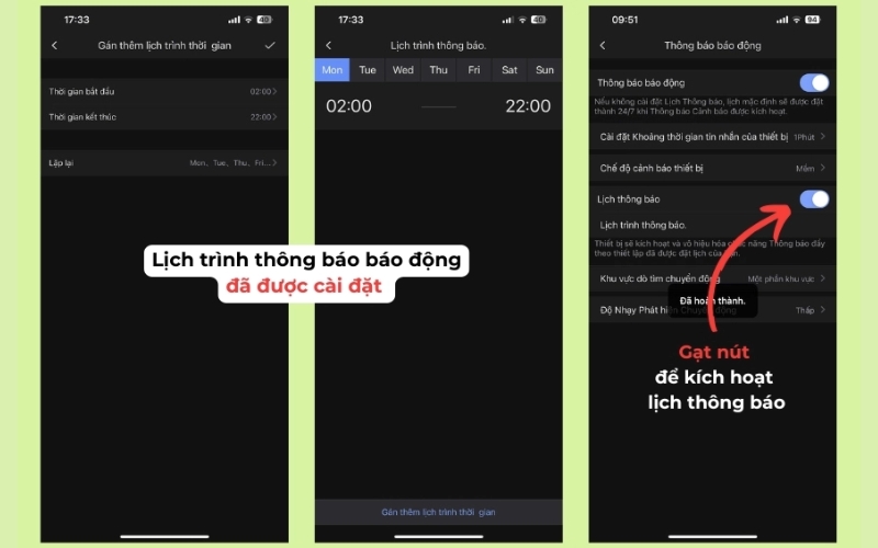 Gạt nút để kích hoạt lịch thông báo