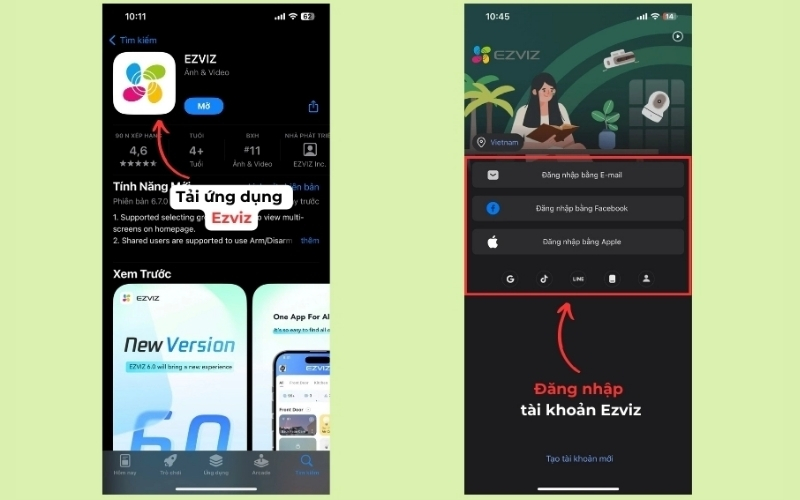 tải ứng dụng EZVIZ và đăng nhập tài khoản