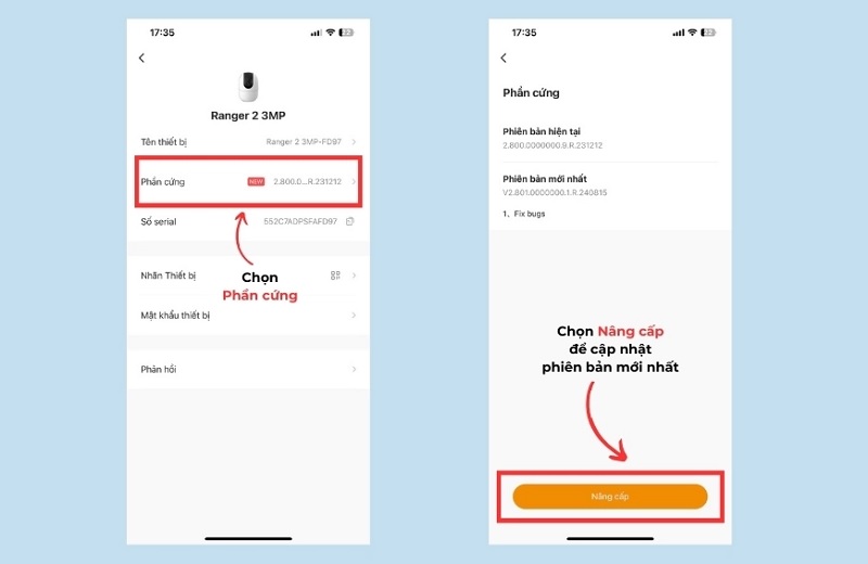 Chọn mục Phần cứng sau đó nhấn Nâng cấp