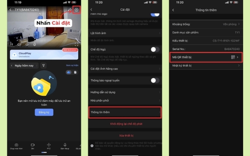 Vào phần Cài đặt trên ứng dụng để tìm mục Mã QR thiết bị